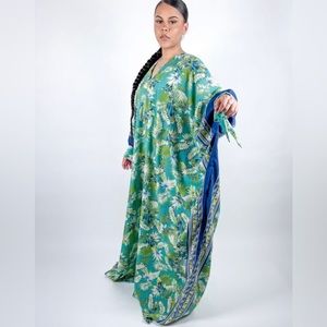 Teal Blue and Green Multicolor Tropical Floral Print Flowy Maxi Kaftan Dress